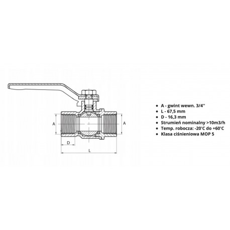 ZAWÓR KULOWY DO INSTALACJI GAZOWYCH 3/4' GW